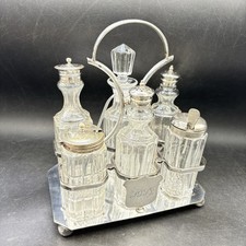 Six Piece Cruet Set Antique Edwardian Cut Glass & Silver Plated Two Spoons