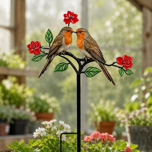 Pair robin stake - bird, rose