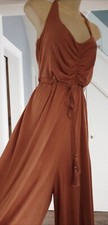 1970s Hippie Style Bohemian Tan Brown Flared Ruched Bodice Belted Jumpsuit M 