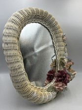 Vintage Shabby Chic Wicker Rattan Floral Mirror 16”x 12” Wall or Table