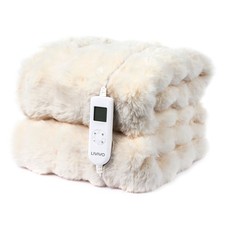 LIVIVO Faux Rabbit Fur Electric Heated Throw with 10 Heat Levels Cream