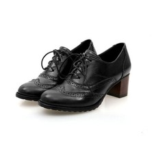 Retro Oxford Shoes Women Lace Up Block Heels Brogues Pump Court Shoes Party Gift