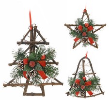 3 Hanging Christmas Decorations Wicker 25cm Tree Star Bell Door Wall Hanging