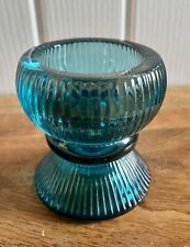 Heavy Teal Aqua Blue Art Glass Ribbed Pedestal Tealight Candle Holder IKEA 3.5”