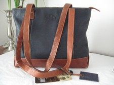 ROWALLAN!!! HAND MADE FINE LEATHER LARGE DARK NAVY & TAN TOTE SHOULDER BAG!! NWT