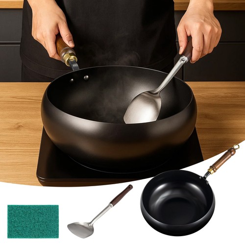 Uncoated iron pan with wooden - iron,