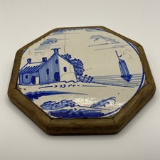 Antique Delft Dutch Pottery Tile Coaster Blue White Boat Scene
