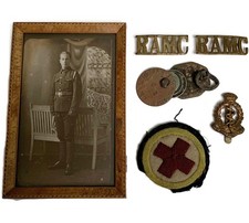 WW1 Royal Army Medical Corps RAMC Set Dog Tags Stretcher Bearer Cloth, Cap Badge