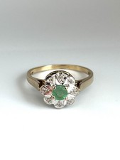 9ct Gold Emerald And Diamond Flower Cluster Ring, Vintage, UK Size N - N1/2 