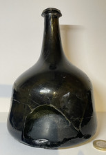 Antique Late 17th Early 18th Century English Black Glass Onion Wine Bottle  A/F