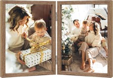 Double Photo Frame 5x7 Hinged Folding Wood Picture with 5x7, Grain 