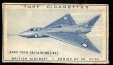 Tobacco Card, Carreras, Turf, BRITISH AIRCRAFT, 1953, Avro 707B Delta Wing, #32