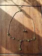 Gold Coloured Costume Peridot Necklace & Earrings With Flower & Leaf Design.