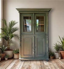 Antique Vintage Olive Painted Solid Pine Glazed Dresser Display Cabinet Cupboard