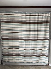 Fabric Shower Curtain Stripe Horizontal Brown Teal Beige 70x69 Hooks Bathroom