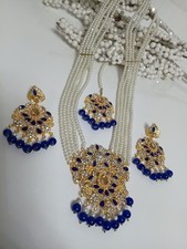 Blue Pearl Mala Set with Earrings tikka Asian Indian Jewellery Long Necklace