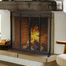 Fireplace Screen with Sliding Doors 89x72cm Black Metal Mesh Panel