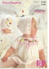 Knitting pattern for a baby/reborn dress and bonnet in 4 ply with embroidery