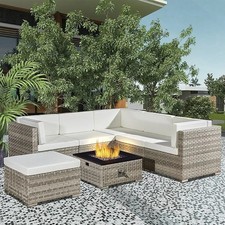 Trinidad Rattan Modular 6 Seat Firepit Chaise Lounge Set in Dove Grey-NEW OTHER