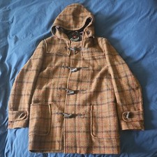 GLOVERALL Men's Harris Tweed Umber Brown Wool Hooded Duffle Coat - Size 38