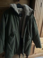 Zara jacket khaki colour. Fur collar, Hood and Part fur lined. size Euro M