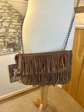 Faux Leather Fringe Tassel Crossbody Bag Brown New Chain Western Festival Boho