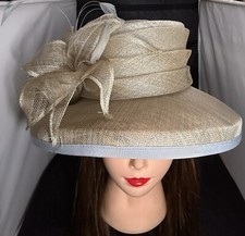Windsmoor Beige Wide Brim Tall Hat Natural Fibre & Feathers Wedding Occasion