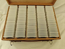 Wooden two sided photographic slide carrier with 700 Kodachrome slides