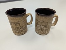 Pair Dunoon Ceramics Stoneware Tea Coffee Mugs Scotland Cottage Scene Vintage 