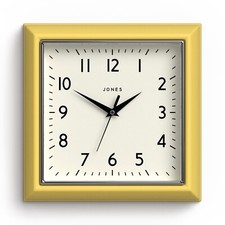 Jones® -Mustard wall clock 25cm retro yellow square Arabic quartz kitchen lounge