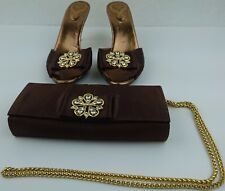 Vicini Heels & Purse Brown Satin Bling Studded Size 6 EU 38 Gold Clutch Shoes