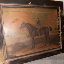 Antique Painting On Pine Board Horse Jockey To Restore 1840