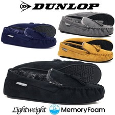 MENS MEMORY FOAM SLIPPERS DUNLOP MOCCASINS LOAFERS FAUX SHEEPSKIN FUR WARM SHOES