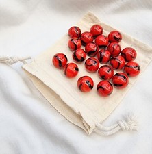LADYBUG - 25 Glass Marbles, Deep Red with Black Swirl, 16mm, with Cotton Pouch