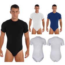 UK Mens Short Sleeve Bodysuit Solid Color Press Button Leotard T-Shirt Jumpsuit