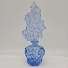 Vintage Art Deco Czech Blue Crystal Glass Perfume Bottle w/ Large Etched Stopper