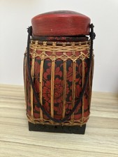 Vintage Chinese Lacquer Rice Pot  Carrier Basket~With Lid~Black & Red