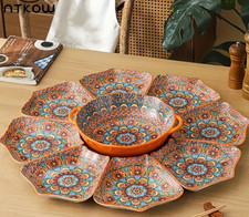Very Large Moroccan Orange Nine Piece Party Food Serving Platter Set & Soup Bowl