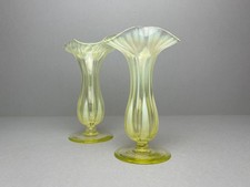 Opalescent Vaseline Glass Trumpet Vases: John Walsh Walsh Tulip Motif, c. 1890
