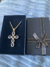 Cubic Zirconia Cross Necklace 18k  stamped Gold Plated chain Length 24” Boxed