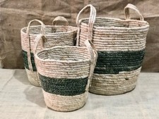 Set of 3 Straw Baskets With Handles Woven Storage Laundry Planter Large 3 Sizes