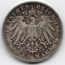 1892 2 Mark, German States (Baden), Frederick I Silver Coin, Rare. High Grade.