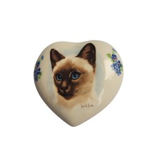 Jaeger's Ceramics Heart Shaped Trinket Box Siamese Cat Flowers PEI