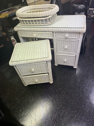 Vintage white wicker vanity - white,