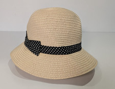 Foxbury Ladies Summer Hats Size M/L Beige Polka Dot Ribbon Crush Straw Style