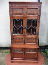 OLD CHARM CARVED OAK TALL BOOKCASE, 8 DOORS, CUPBOARD BASE, VERY GOOD ORDER.