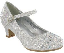 Diamante Glitter Wedding Party Shoes Bridesmaids Kids Girls Mary Jane Low Heels