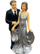 Elegant Wedding Cake Topper Bride And Groom in Silver Attire