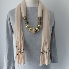 Vintage Accessory Scarf Necklace Gold Beads Cream Stretchy Tassels Boho