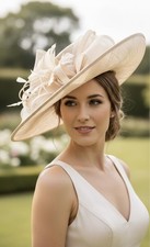 Royal Ascot Hat Side Upturn bow Feather Hibiscus design blush pink Nigel Rayment